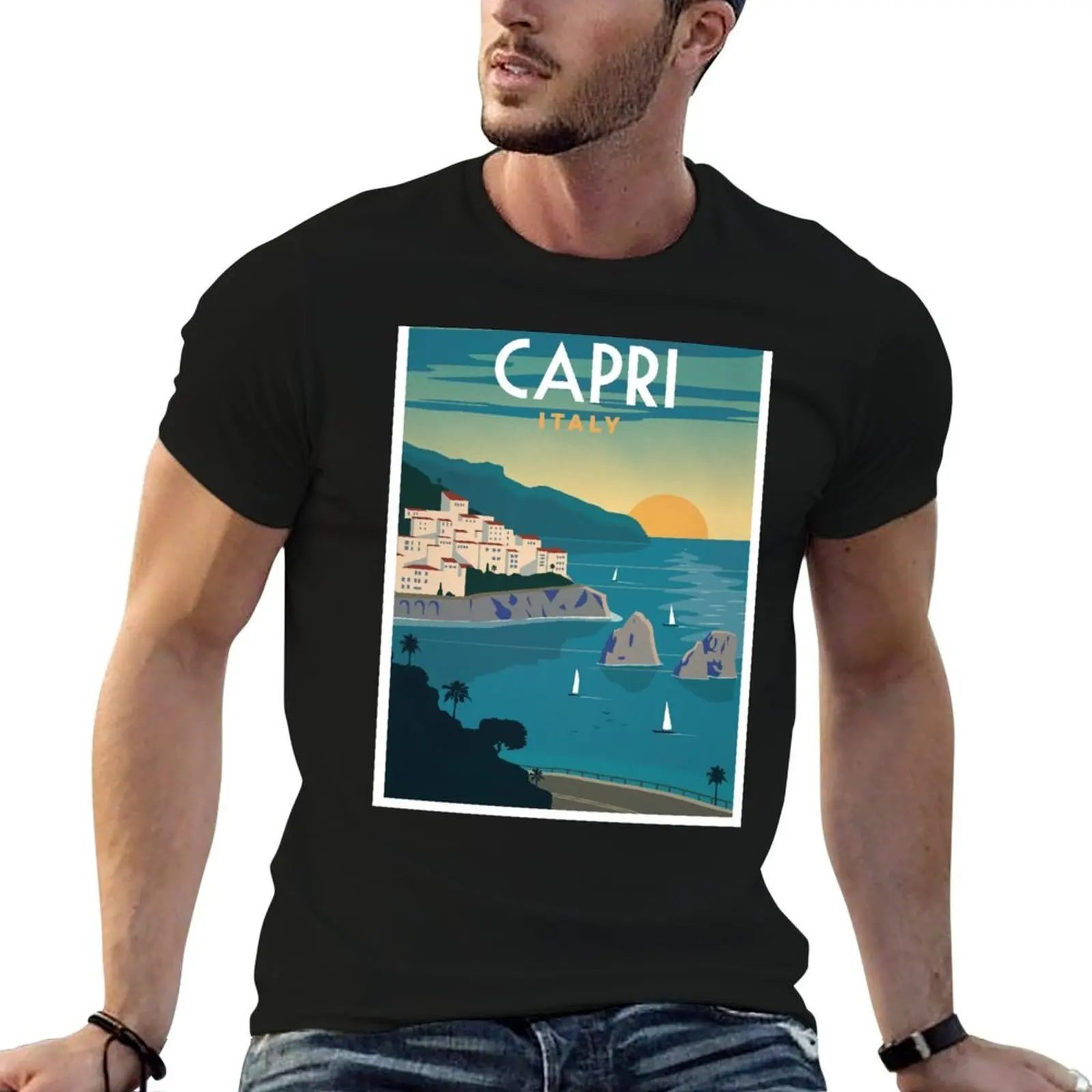 Camisas Vintage camiseta lisa pack t Viaje para Italia: CAPRI hombre Estampado hombre Camisa publicitaria Resort algodón t