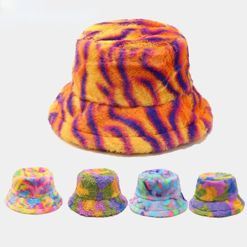 2022 Luxury Faux Fur Bucket Hat Woman Men Fluffy Colorful Print Tie-dye  Plush Velvet Fisherman Winter Hat Thic Warm Bob Panama