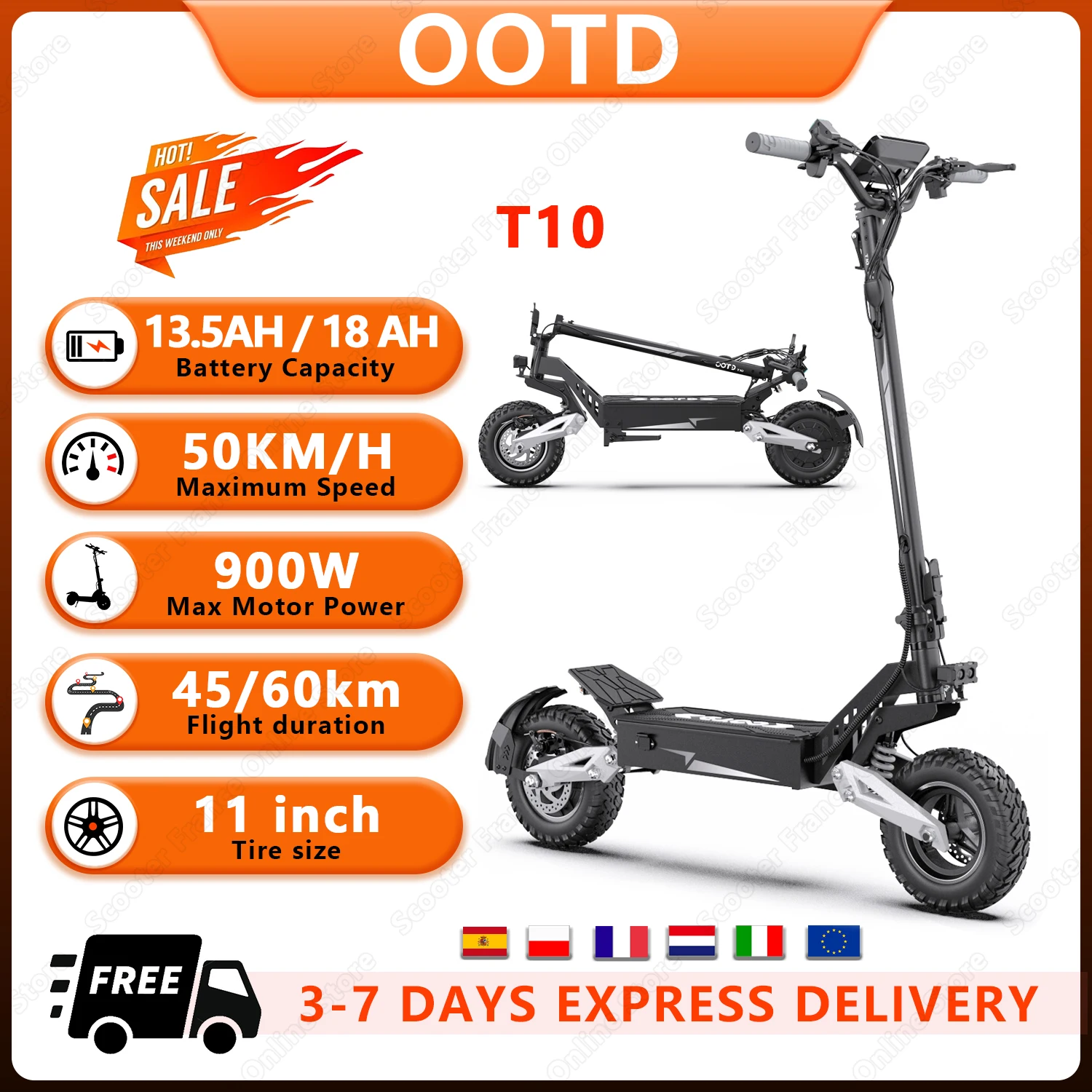 T10 Portable e-scooter 900W puissance de pointe 48V 13.5/18 Ah batterie Scooter électrique pour adultes 11 pouces tout-terrain pneus Scooters électriques