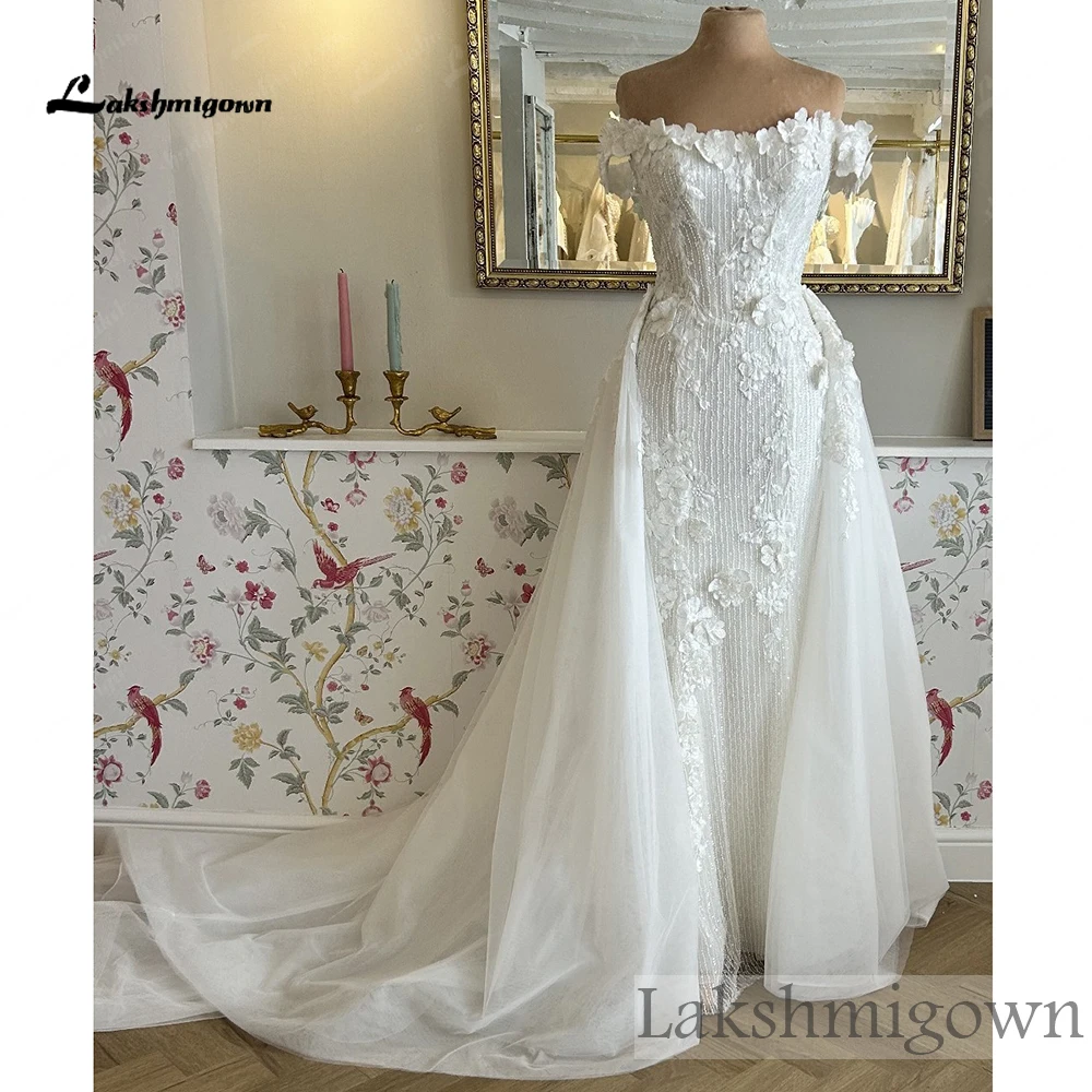 Lakshmigown Moonlight Funkelnde Hochzeitskleider Meerjungfrau Off-Shoulder Applikationen Pailletten Brautkleid Abnehmbarer Schleppen Maßanfertigung – Detail 5