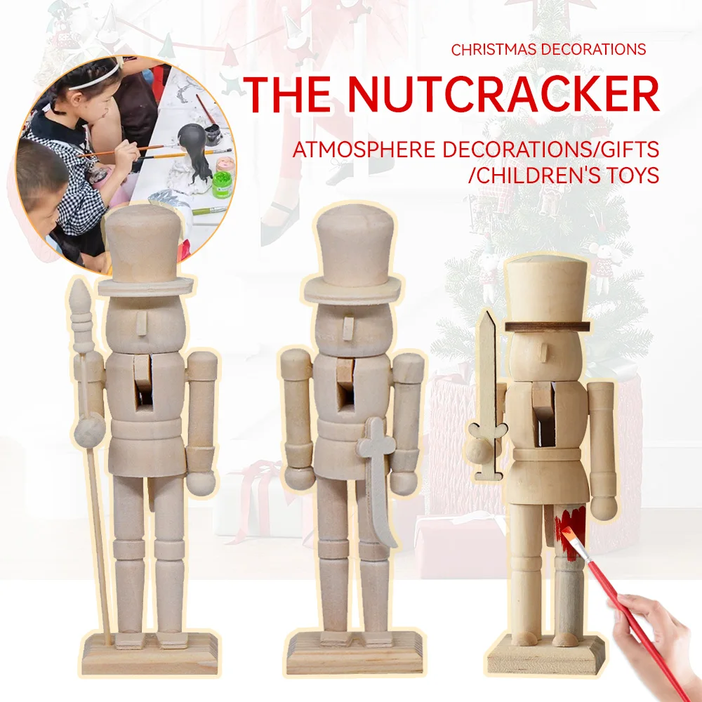 18cm Christmas Nutcracker Puppet Pigment DIY Painted Childrens Gift White Embryo Walnut Soldier Doll Desktop Ornament Decoration