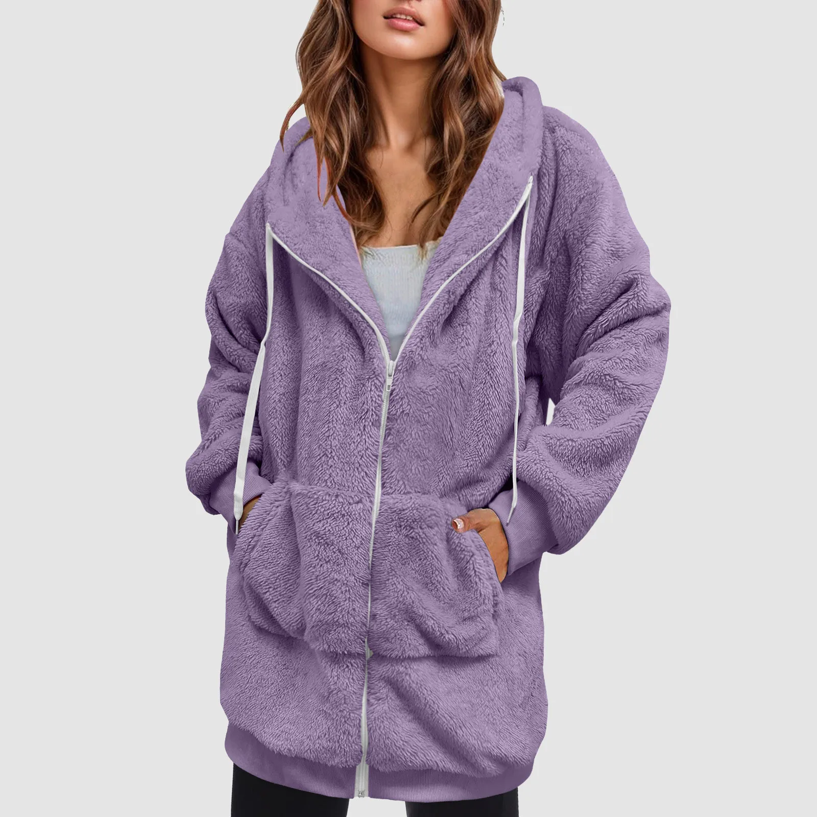 Casual Plush Sweatshirt Jacket Women's Zipper Hooded Lamb Wool Jacket Oversized Loose Fit Fleece Jackets Drawstring Coats 5xl