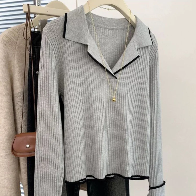 

200 Pounds Large Sized Women Clothing Pit Striped Lapel Pullover Sweater for Women Autumn Winter Loose Slimming Base Knitted Top