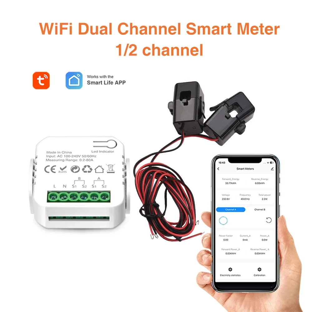 Tuya-medidor inteligente de energía Digital WiFi, transformador de corriente de doble canal 80A, sistema Solar fotovoltaico, Monitor de consumo de producción de energía