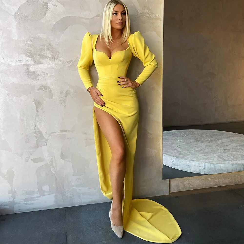 

Yipeisha Long Sleeves Prom Dresses Mermaid Side Slit Party Gown Yellow Special Occasion Dresses for Banquet Robe de Soiree