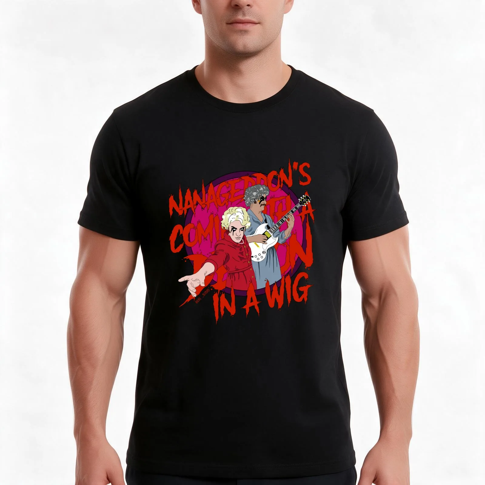 The Mighty Boosh Nanageddon black background T-Shirt, Summer Casual Cotton Tee, Oversized Streetwear Tops, Vintage Graphic Print
