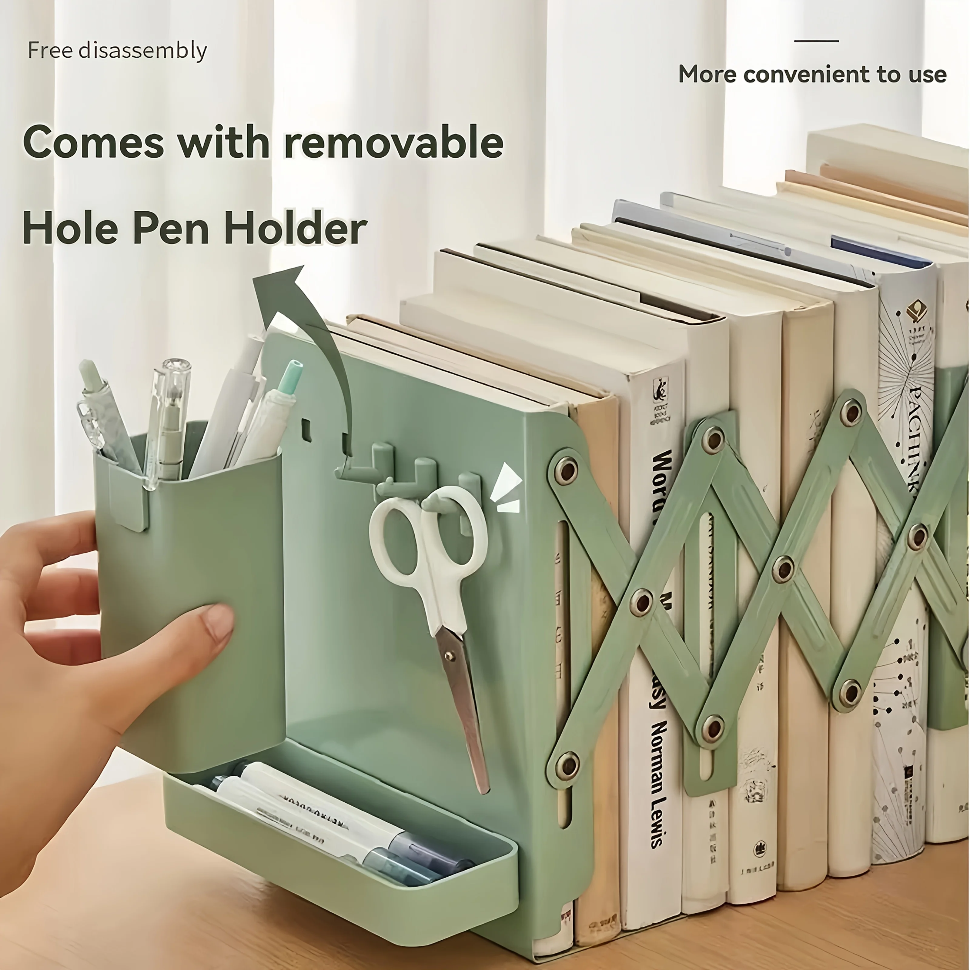 Bookstand Desktop with Retractable Bookshelf Book Storage and Storage Rack with Pen Holder Fixed Book Clip Student Foldable Vook