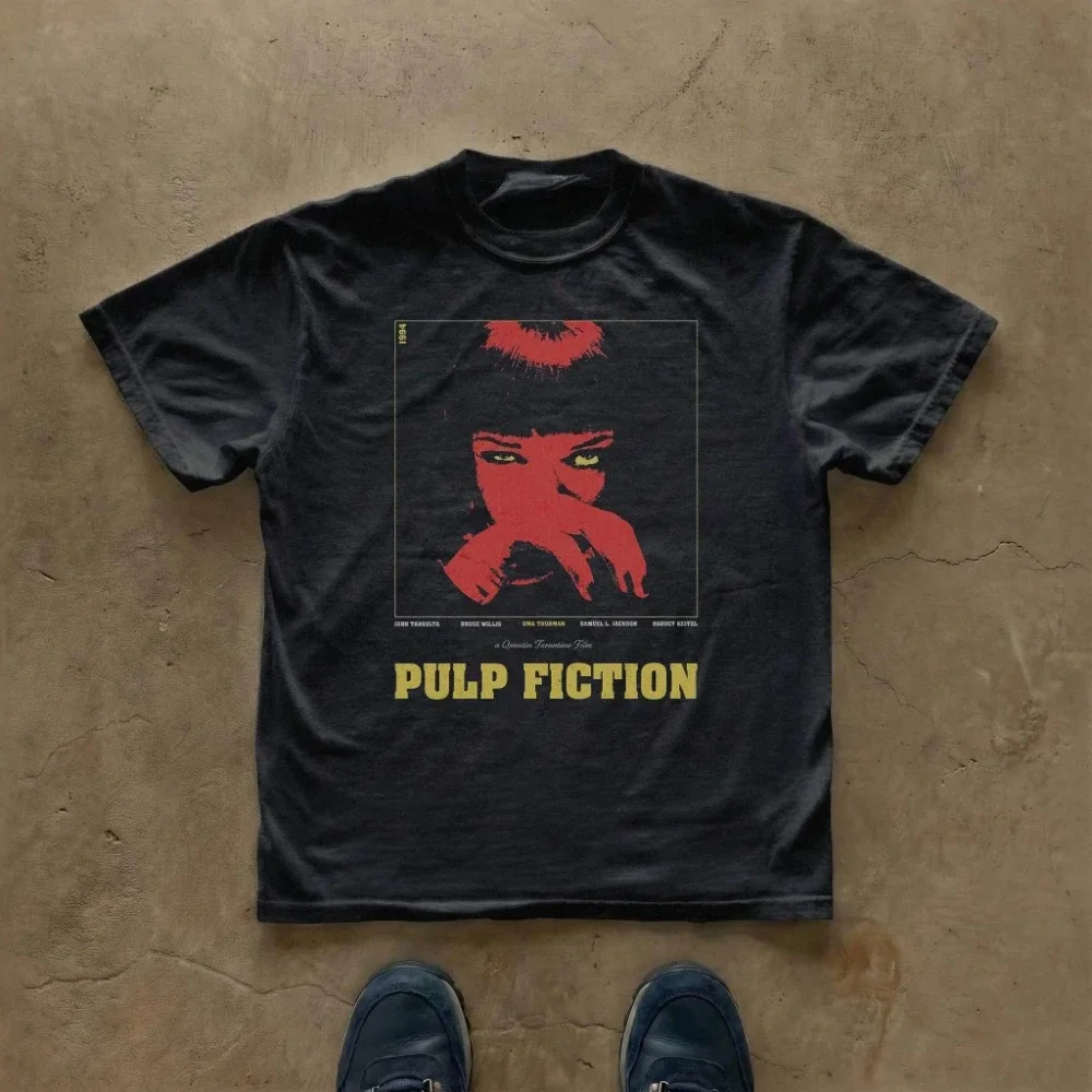 Pulp-Fiction-Hommage-T-Shirt | Quentin Tarantino, Uma Thurman | Vintage-T-Shirt mit Rundhalsausschnitt und Aufdruck – Detail 4