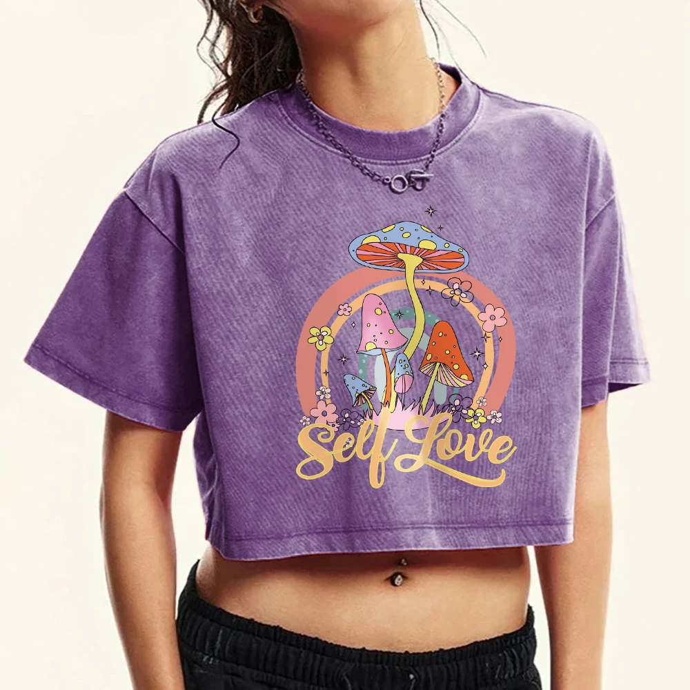 Mushrooms That Grow Freely Print Women Washed T-Shirt Casual Crop T Shirt Summer Cotton Clothes Fashion Slim Short Sleeve Female - Image 3