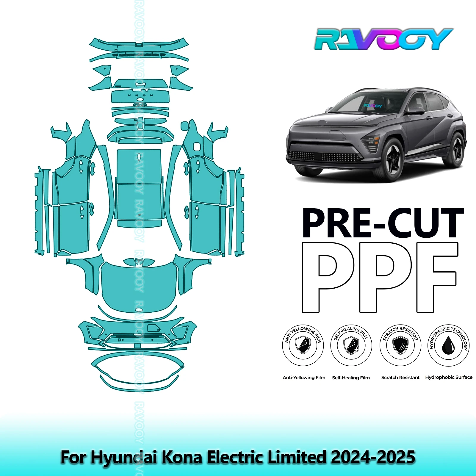 RAVOOY 8.5Mil Custom-Fit Precut TPU PPF Full Vehicle Clear Bra Stone Guard EU UK For Hyundai Kona Electric Limited 2024-2026