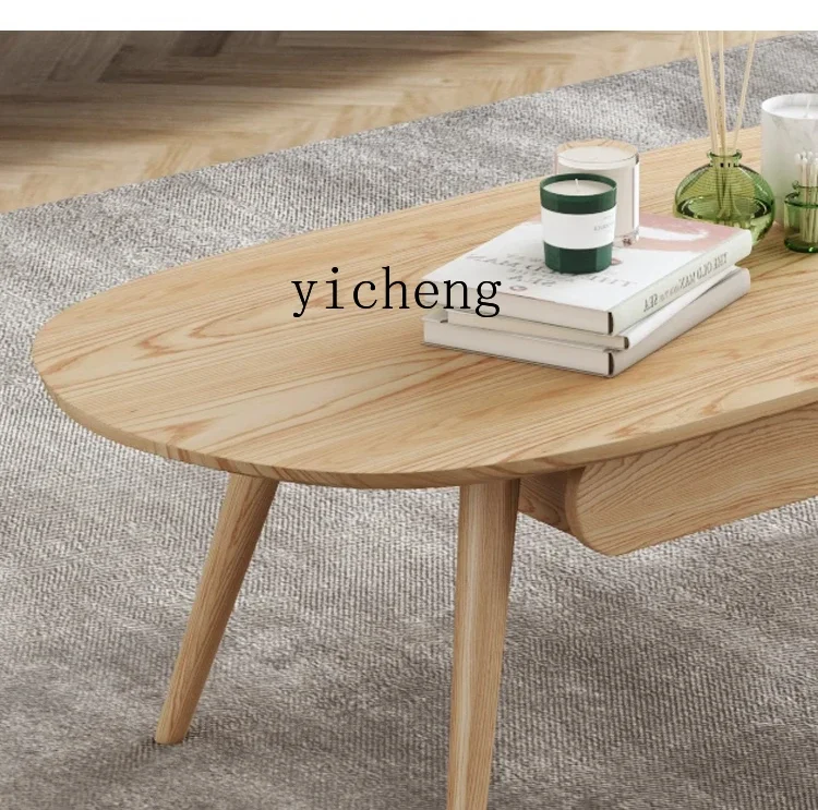 

X-13 solid wood coffee table simple small apartment living room ash wood oval tea table with double drawers