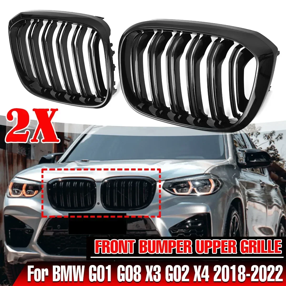 

G01 G08 Double Slat Car Front Kidney Grille Grill For BMW G01 G08 X3 G02 X4 2018-2022 Front Bumper Upper Grille Racing Grills