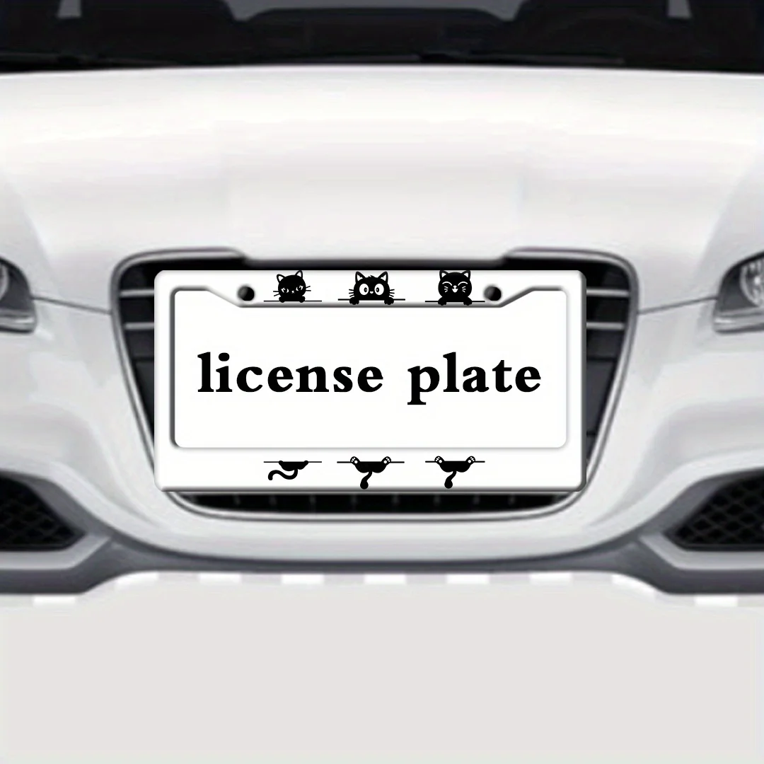 2Pcs Cute Peeking Black Cat License Plate Frames White Frame Cartoon Kitten Silhouette Print Lovely Pet Style Auto Tag Holders