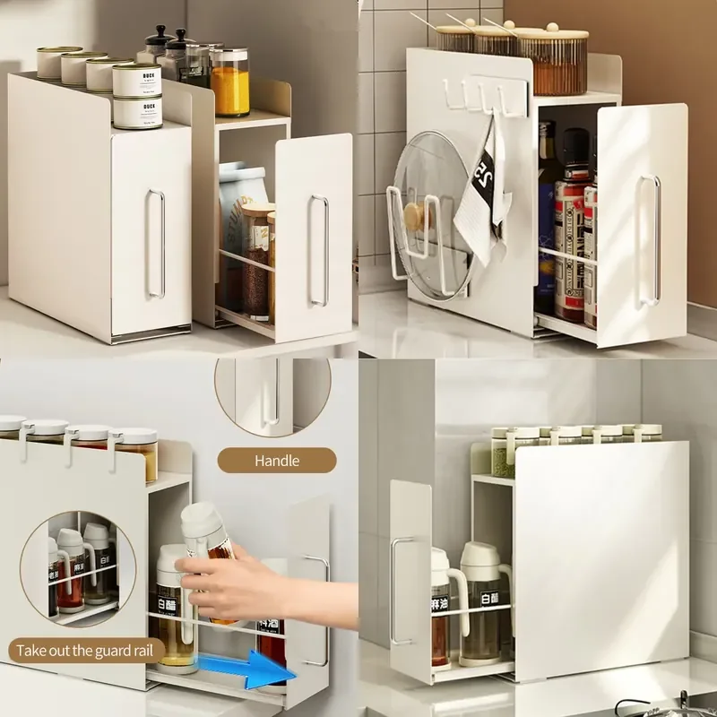 Korean Style Kitchen Drawer Storage Pull Out Stove Top Shelf Revolving Spice Rack Organizer Black for Dustproof Cabinet Door