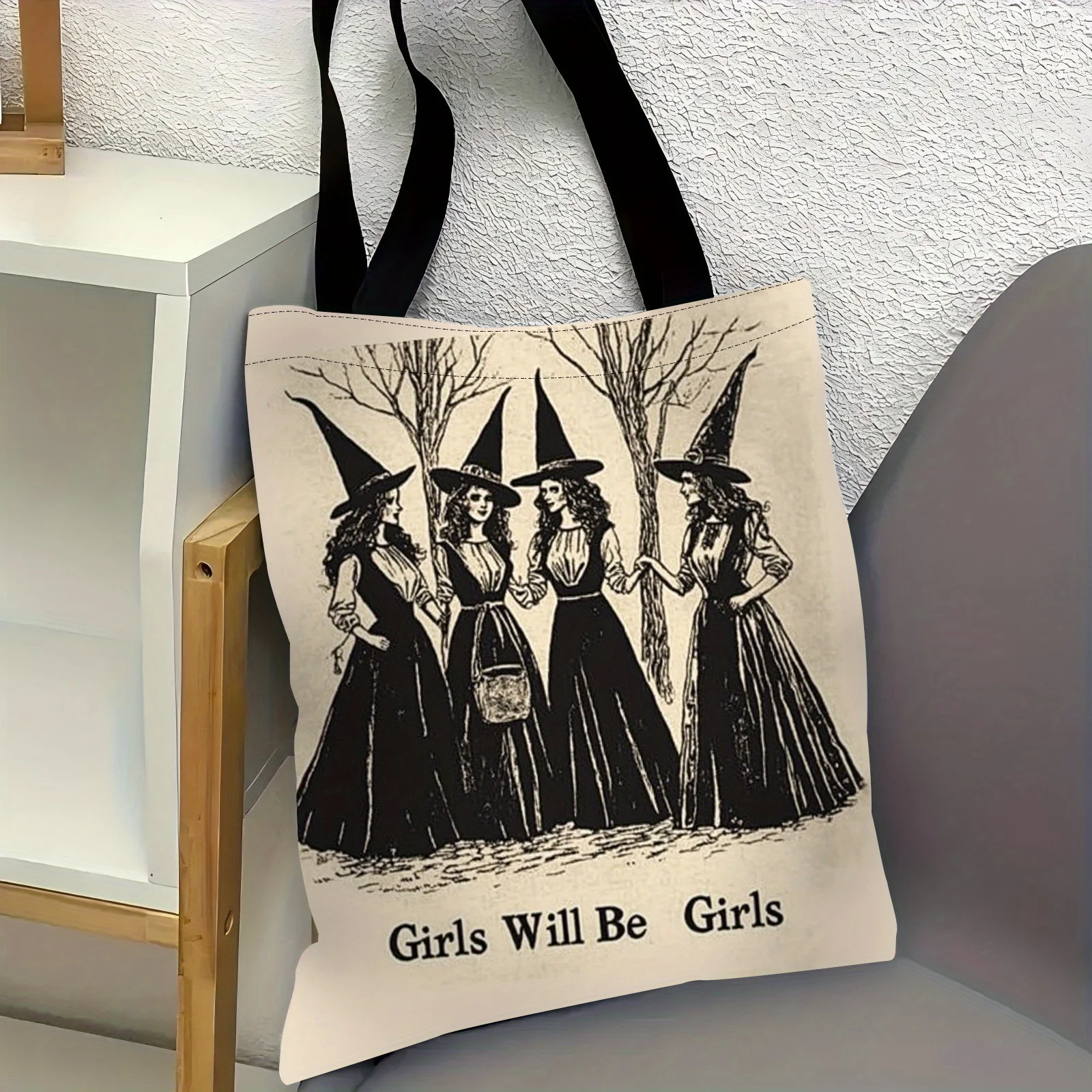 Vintage Witch Tote Bag - Gothic Halloween Shopping Bag with 