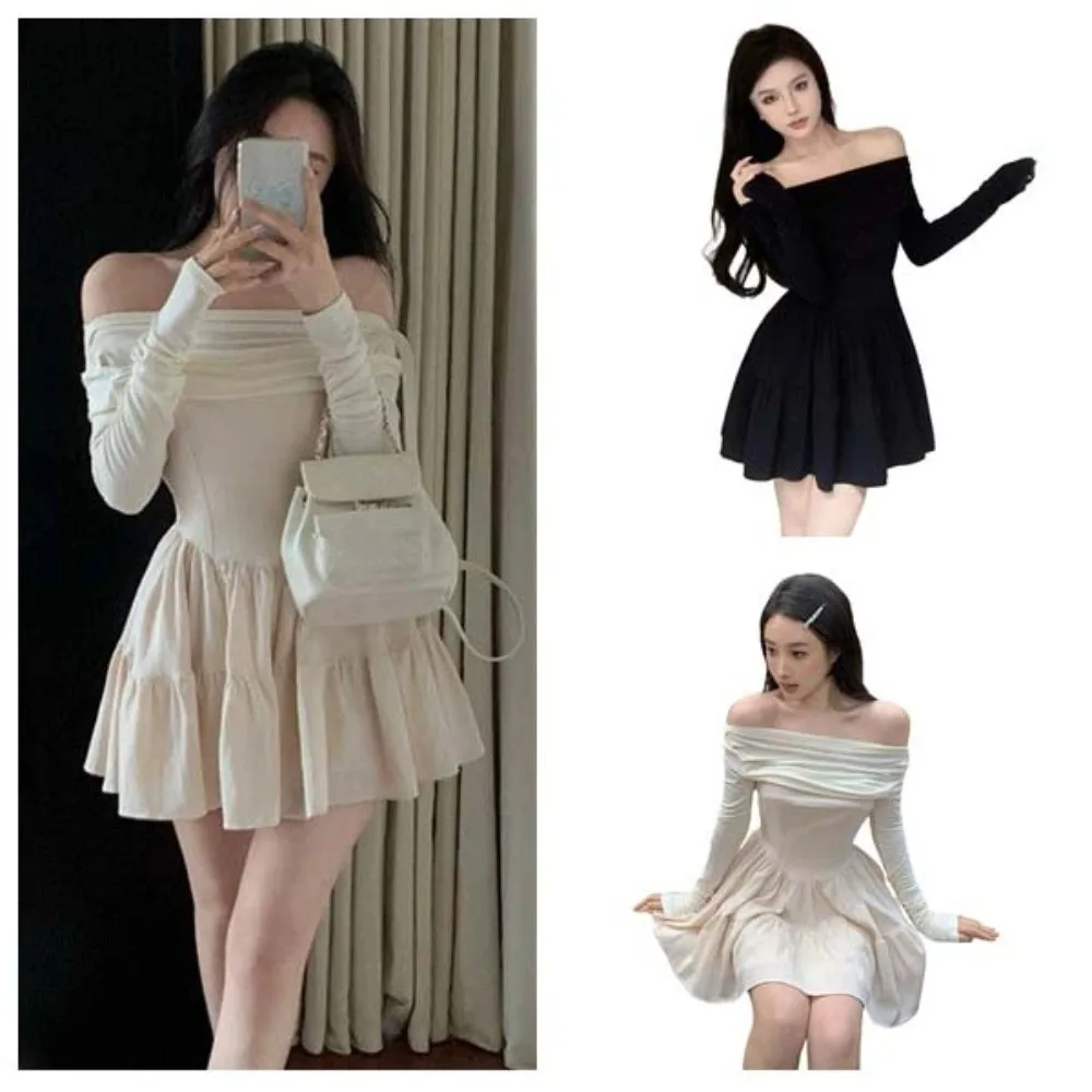 

French Sweet Long Sleeved Slim Short Skirt Slim Fit Korean Fashion One Collar Dress Y2K Leisure A-line Short Skirt Club