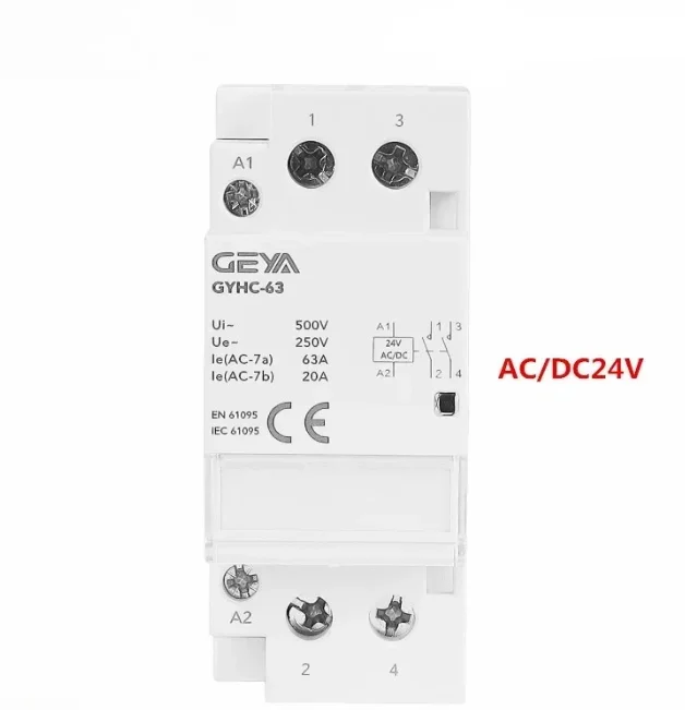 DC Contactor DC24V Coil  2P 220V 63A 2NO or 1NO1NC Automatic Householdr Contactor Din Rail Type