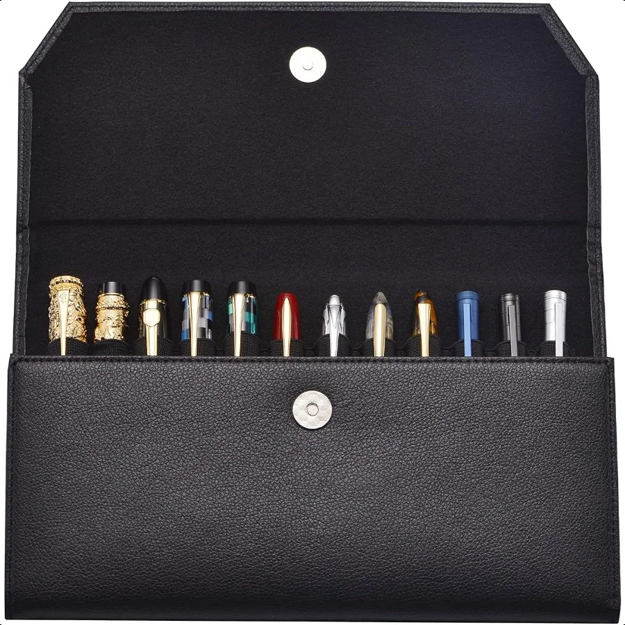 

12 Black PU Leather Fountain Pen Case Organizer Bag Portfolio Protective Sleeve Cover Pen Holder with Divider Slot for Rollerba