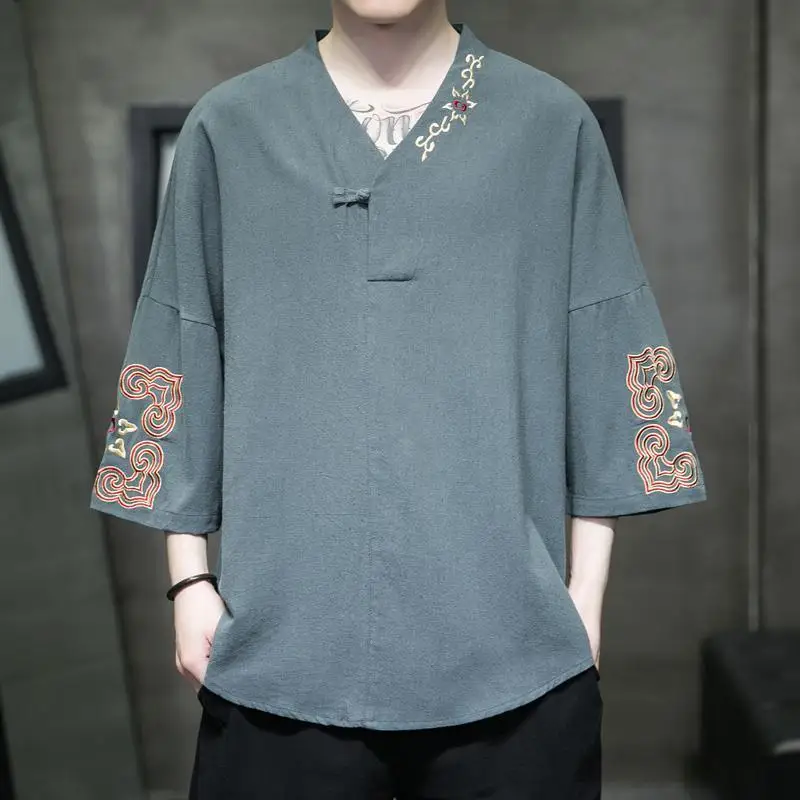 Men\'s Clothing Summer Vintage Embroidery Tang Suit Chinese Style V Neck Cotton Linen T-shirts Male Casual Loose 3/4 Sleeve Tops