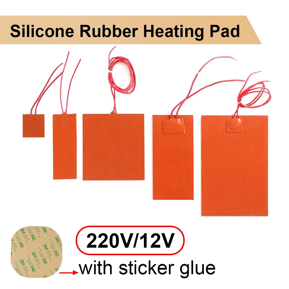 12V/220V Silicone Rubber Heating Pad Square Rubber Electric Heat Mat Plate Flexible Waterproof 3D Printer Glue Sticker Adhesive