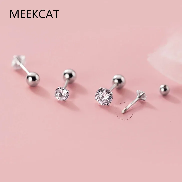 Real 925 Sterling Silver Zircon CZ Round Screw Bead Screw Stud Earrings Pendientes For Women Classic Fine Jewelry Accessories