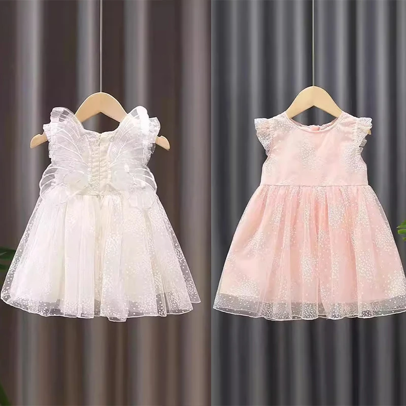 Girls Summer White Princess Dress Kids Tulle Tutu Skirt With Wings Cute Baby Girls Fluffy Party Dress For Birthday Holiday