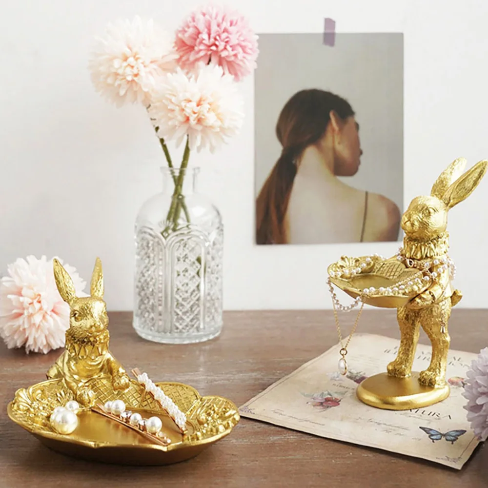 Cute Golden Bunny Figurine Jewelry Ring Tray Decorative Easter Rabbit Statue Resin Animal Sculpture Home Table Desk Ornament - view 3
