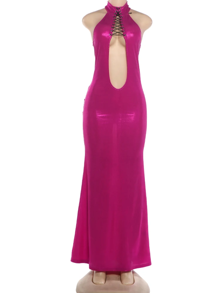 Weird Puss Fashion Leuchtendes Seidenkleid für Damen, sexy Rollkragen, geraffter Rücken, rückenfrei, ärmellos, Abendparty, elegant, figurbetont – Detail 3