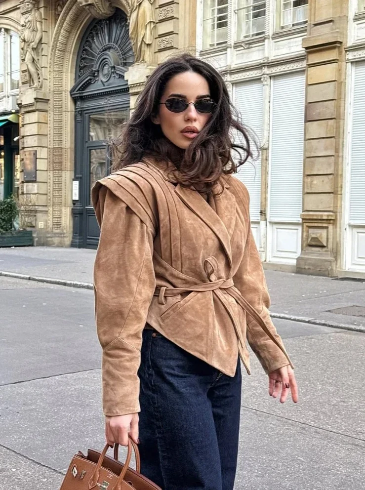 

2025 Women's Elegant Suede Cropped Jacket, Solid Color Lace-Up Lapel Coat with Full Sleeves, Chic Commute Street Style Outwear