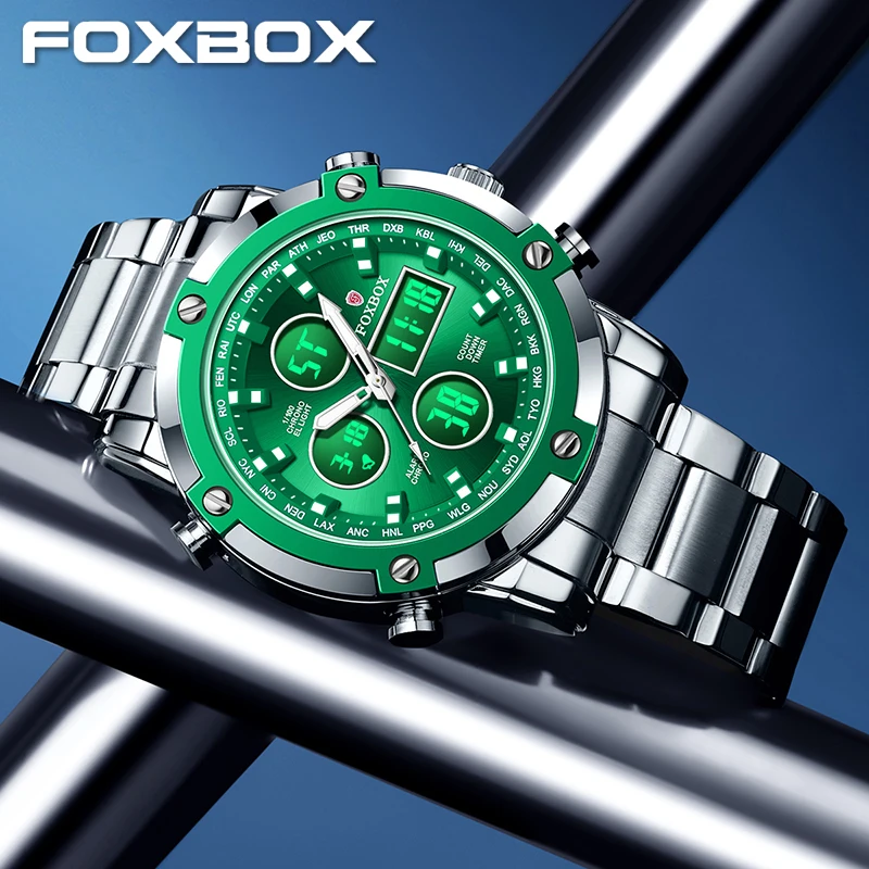 

Мужские цифровые часы FOXBOX 2026, модные, с двойным дисплеем, кварцевые, спортивные, водонепроницаемые, стальные, роскошные, в подарок мужчине.
