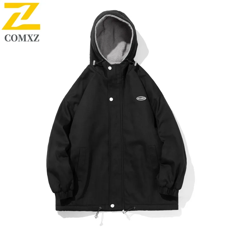 COMXZ 2025 Autumn Winter Sherpa Stand Collar Cotton Jacket Waterproof Windproof Solid Color Warm Unisex Loose Fit Fashion Coat
