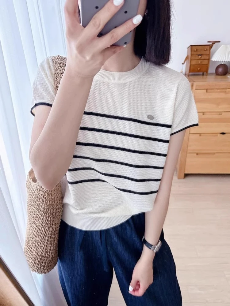 Anti-Aging Color Blo Summer Knitwear Casual Loose ort Sve Hollow out Design Versatile Top Korean Sle round Ne