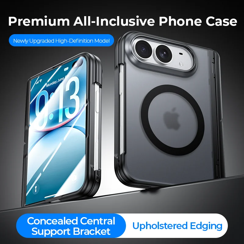 For iPhone Duo Case Frosted Transparent Magnetic Wireless Charging Holder Hinge With Tempered Film Shockproof Case Accessories
