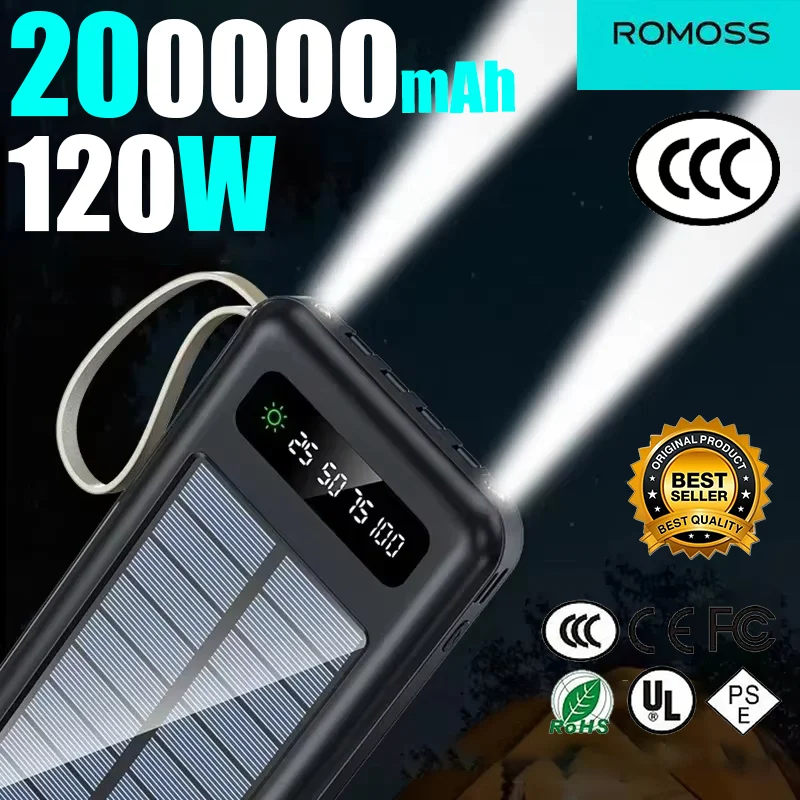 

ROMOSS Solar Wireless Power Bank 200000 мАч Большая емкость Сертификация CCC Быстрая зарядка 3C Внешняя батарея Открытый аварийный аккумулятор