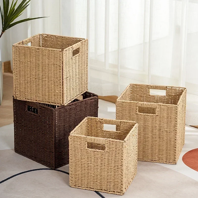 

Household Clothes Sundries Toys Organizer Laundry Basket Room Container Folding Imitated Woven Rattan Storage Basket with Handle