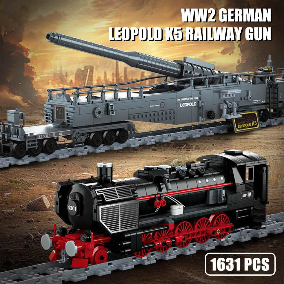 

WW2 German K5 Railway Gun Building Blocks with Track Base Military Series Army Heavy Weapon Figures Bricks Toy for Kids Boy Gift