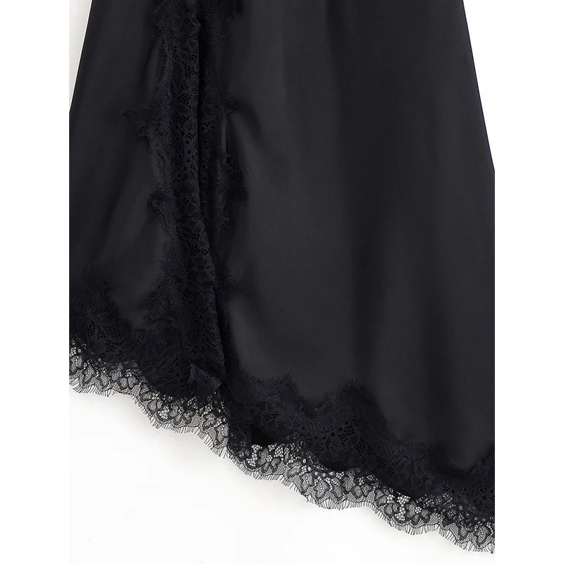 YENKYE nouvelle mode femmes dentelle garniture Satin fronde robe fines bretelles col en V ourlet asymétrique robes Sexy femme noir robes