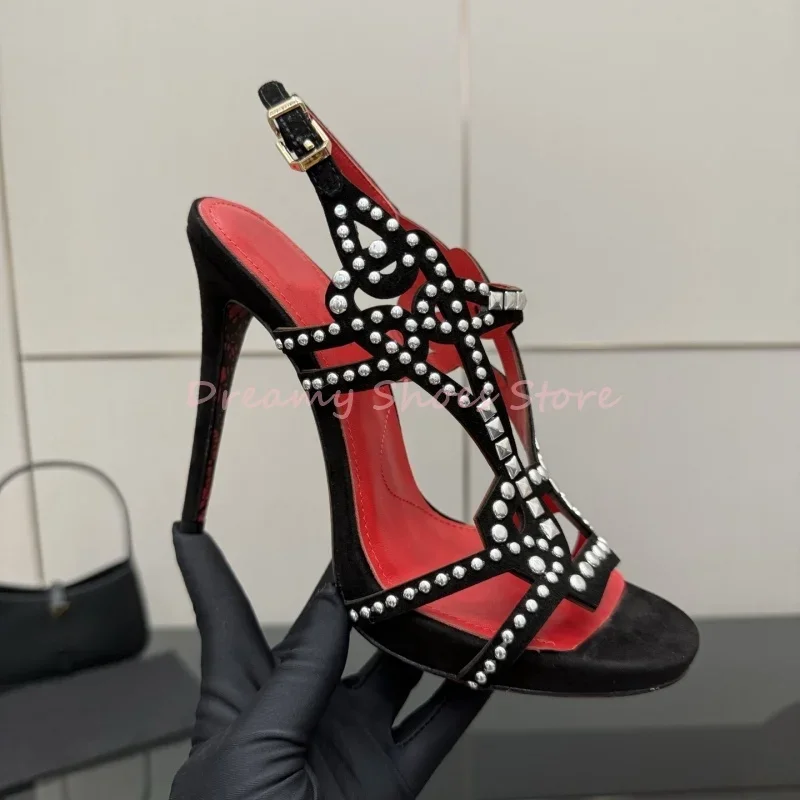 

Black Suede Hollow Rivets Strappy Sandals Women Open Toe Crystal Slingback High Heels Luxury Fashion Party Dress Prom Lady Shoes