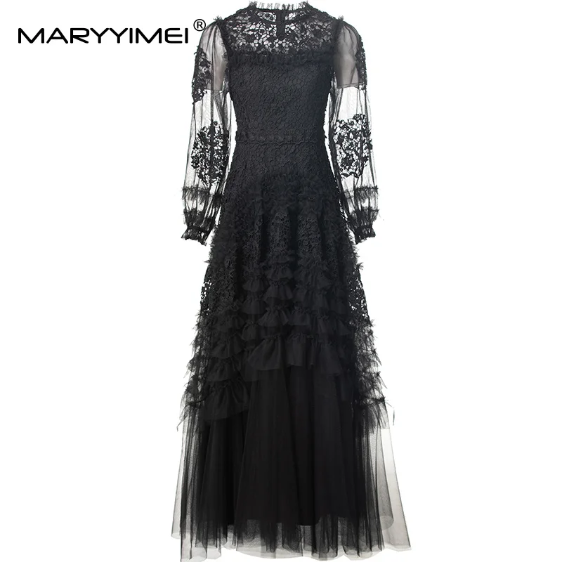 

MARYYIMEI Solid Long Sleeve Slim Maxi Fungus Dress Women High waist Lace Splicing Hollow Out Long Dresses Party S-4XL Clothes