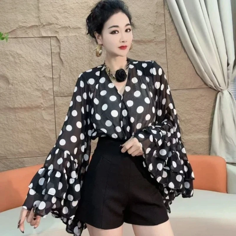 

Elegant Polka Dot Blouse With Flare Sleeve And Ruffles For Women Spring Summer Casual Fashion Top