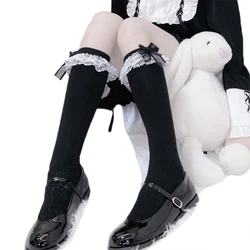 Maid Cosplay Knee High Long Socks Layered Lace Bow Tube Stockings