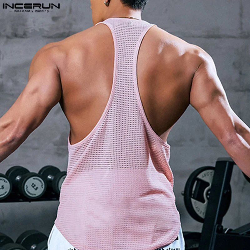 INCERUN Men Tank Tops Solid Color O-neck Sleeveless Mesh Transparent Vests Summer Streetwear 2024 Fashion Casual Men Clothing