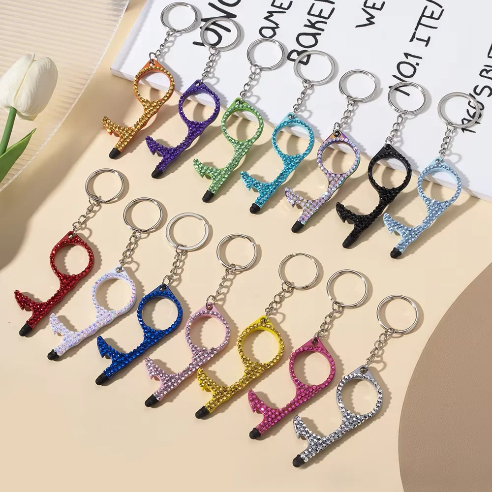 1Pcs Rhinestone Multifunctional Door Opener Self Defense Keychains Non Contact Door Opening Device Key Chains Keyrings Women