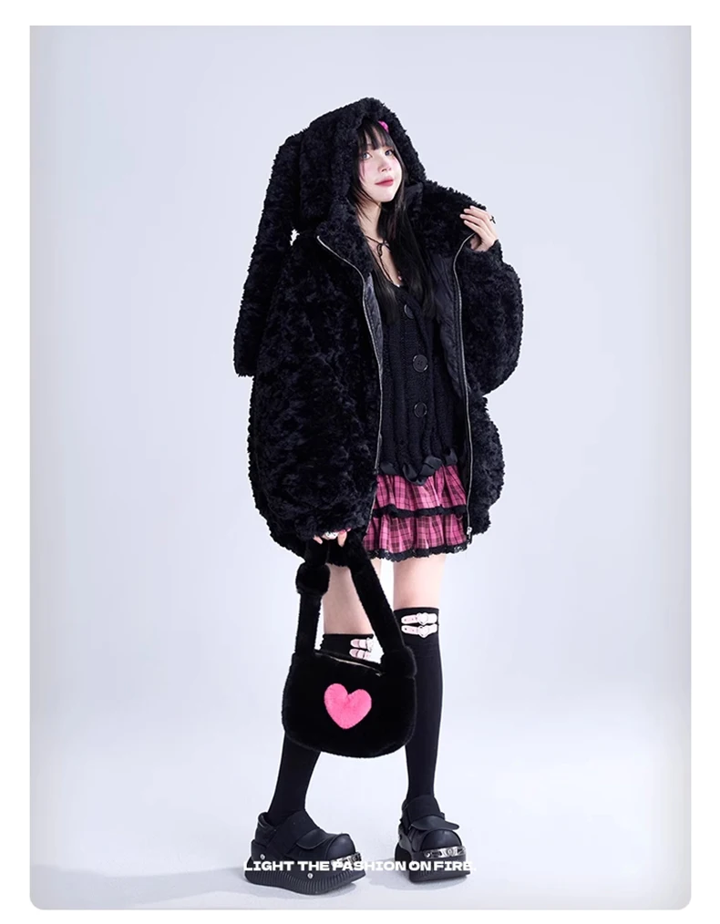 

Lautaro Autumn Winter Sweet Cute Lovely Warm Thick Soft Black Faux Fur Coat Women Bunny Ears Fuzzy Fluffy Jacket Hoodie 2025