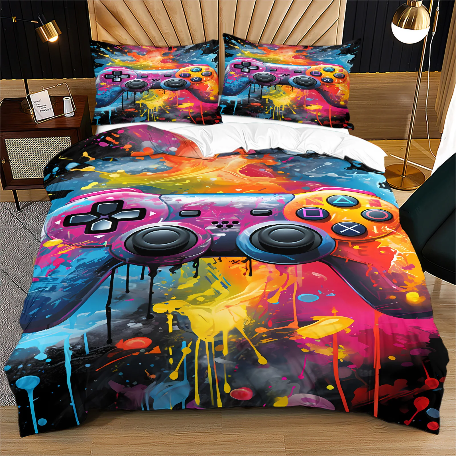 Colorful Splash Graffiti Game Controller Duvet Cover Set Gaming Gamepad Bedding Set Soft Polyester Quilt Cover With Pillowcase