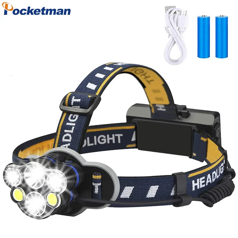 High Lumens 6 LED Headlamp USB Rechargeable Headlight Powerful Outdoor Waterproof Head Lamp for Camping Hiking Fishing