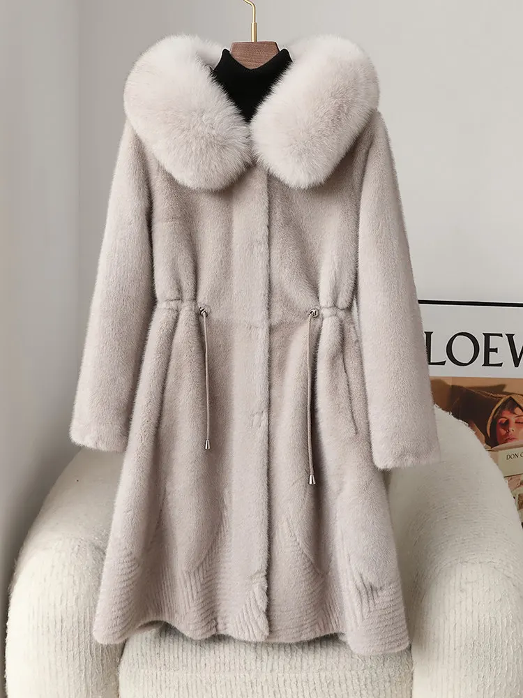 Abrigo de piel de visón dorado, cuello de piel de zorro con capucha de longitud media para mujer, abrigo de piel de visón integrado de piel