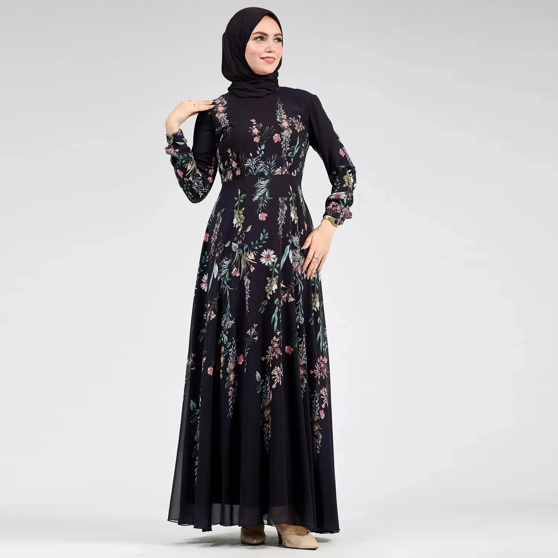 

Черное шифоновое мусульманское длинное платье с цветочным принтом для женщин, элегантный халат хиджаби с круглым вырезом и длинными рукавами, исламская одежда в Дубае