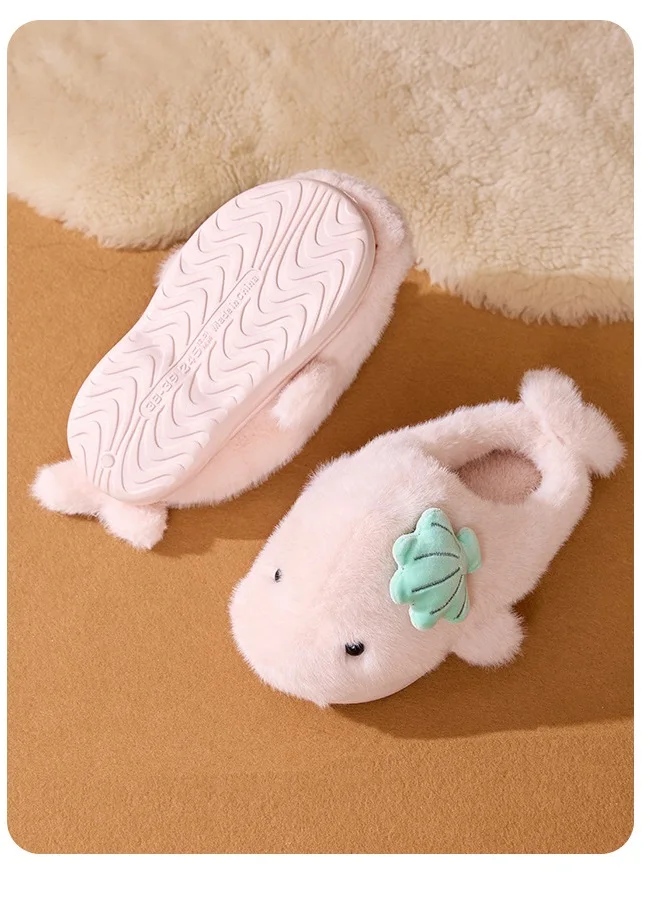Neue Niedliche Plüsch-Delfin-Hausschuhe für Damen mit Muschel-Applikation, Gemütliche Offene Rückseite, Flauschige Indoor-Schuhe, Warme Winter-Hausschuhe für Frauen – Detail 6