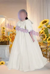 Elegant White Satin Fluffy Idyllic First Communion Gowns Flower Girl Dress Princess Ball Birthday Party Ball Evening Gowns